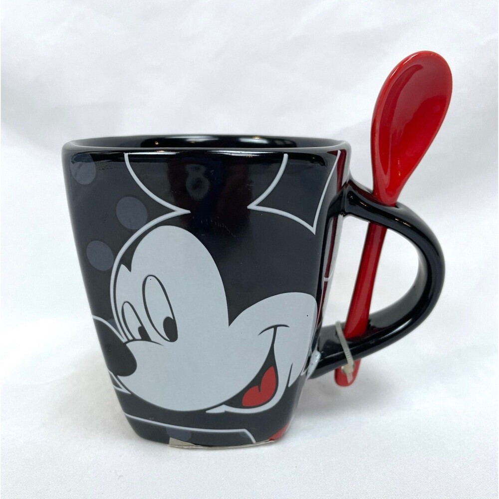 Disney Black Mickey Mouse Coffee Mug Cup Spoon Attached Jerry‎ Leigh